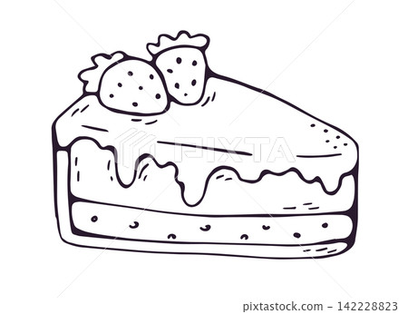 Cake Slice with Two Strawberries and Glaze Hand Drawn Doodle Cake Slice with Two Strawberries and Glaze Hand Drawn Doodle 142228823