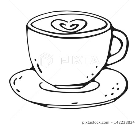 Latte Cup with Heart Art on Saucer Hand Drawn Doodle Latte Cup with Heart Art on Saucer Hand Drawn Doodle 142228824