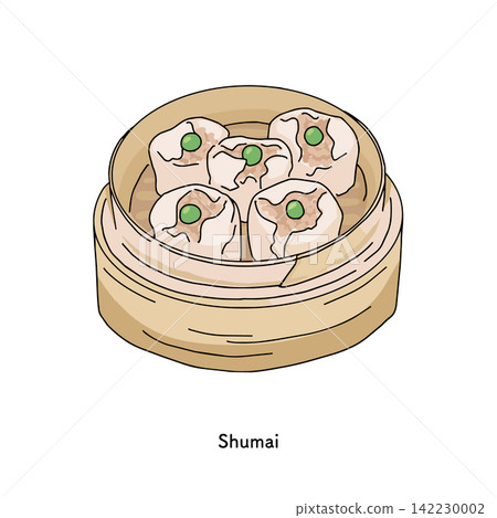 Illustration of freshly steamed shumai in a bamboo steamer. Ingredients for dim sum and Chinese cuisine. Illustration of freshly steamed shumai in a bamboo steamer. Ingredients for dim sum and Chinese cuisine. 142230002