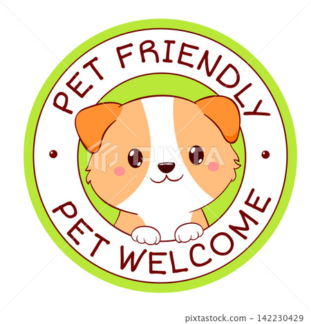 Pet friendly vector label. Stamp or sticker with dog friendly text. Kawaii puppy inside circle. Vet clinic, shop label, sticker. Inscription Dog Welcome. Vector EPS8 Pet friendly vector label. Stamp or sticker with dog friendly text. Kawaii puppy inside circle. Vet clinic, shop label, sticker. Inscription Dog Welcome. Vector EPS8 142230429