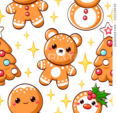 Merry Christmas Vector seamless pattern with cute gingerbread. Endless texture can be used winter holiday label, t-shirt print, greeting card, pattern fills, fabric design Merry Christmas Vector seamless pattern with cute gingerbread. Endless texture can be used winter holiday label, t-shirt print, greeting card, pattern fills, fabric design 142230430