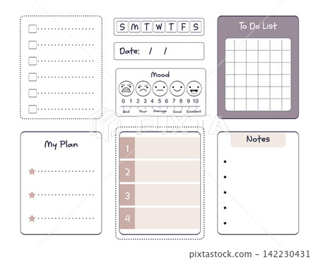Minimalist daily planner, notepad template collection. Vector set of daily agendas, to-do list, checklist, notes, sticker template. Perfect for stationery design, bullet journal, printable organizer Minimalist daily planner, notepad template collection. Vector set of daily agendas, to-do list, checklist, notes, sticker template. Perfect for stationery design, bullet journal, printable organizer 142230431