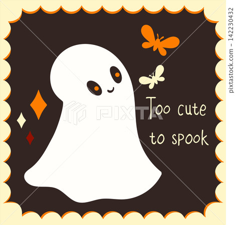 Halloween card with cute ghost in kawaii style. Too cute to spook. Can be used for card, t-shirt print, sticker, badge. Vector illustration EPS8 Halloween card with cute ghost in kawaii style. Too cute to spook. Can be used for card, t-shirt print, sticker, badge. Vector illustration EPS8 142230432