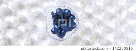 Blue Serum Capsules Arranged In Small Glass Dish On Clear Bead Background With Overhead Lighting Blue Serum Capsules Arranged In Small Glass Dish On Clear Bead Background With Overhead Lighting 142230510