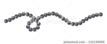 Curved wavy bead strand border with a small loop. Hand drawn charcoal decorative line with round beads isolated on. Realistic detailed monochrome illustration for decor. Curved wavy bead strand border with a small loop. Hand drawn charcoal decorative line with round beads isolated on. Realistic detailed monochrome illustration for decor. 142230680