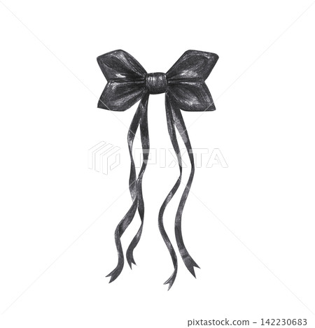 Black ribbon bow with long wavy trailing ends. Hand drawn charcoal fashion accessory illustration isolated on. Realistic detailed monochrome drawing for gift decor Black ribbon bow with long wavy trailing ends. Hand drawn charcoal fashion accessory illustration isolated on. Realistic detailed monochrome drawing for gift decor 142230683