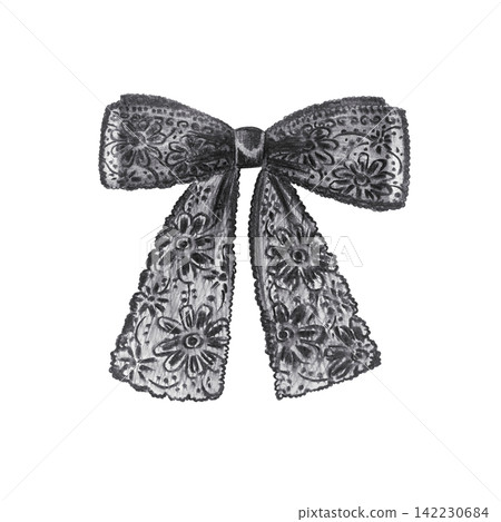 Black lace ribbon bow with ornate floral pattern details. Hand drawn charcoal fashion accessory illustration isolated on. Realistic detailed monochrome drawing for gift decor Black lace ribbon bow with ornate floral pattern details. Hand drawn charcoal fashion accessory illustration isolated on. Realistic detailed monochrome drawing for gift decor 142230684