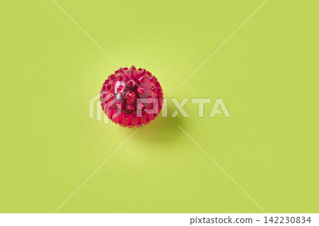 Red Spiky Rubber Ball Resting On Lime Green Studio Background With Single Soft Shadow Minimal Flat Red Spiky Rubber Ball Resting On Lime Green Studio Background With Single Soft Shadow Minimal Flat 142230834