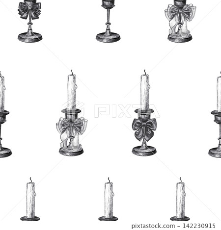 Vintage candle goblet seamless pattern with ribbon bows. Hand drawn black charcoal antique mystic object texture background. Realistic detailed monochrome sketch for textile wallpaper decor 142230915