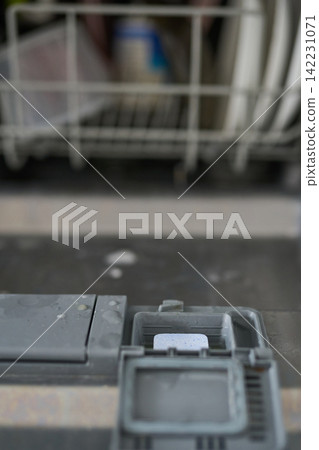 Dishwasher Detergent Compartment With Open Dosing Drawer In Lower Door Shot Vertically Showing Dishwasher Detergent Compartment With Open Dosing Drawer In Lower Door Shot Vertically Showing 142231071