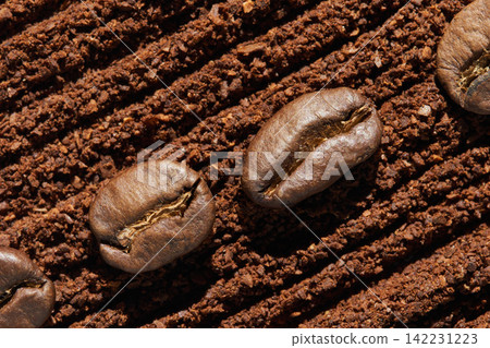 Coffee Beans Resting On Ridged Bed Of Ground Coffee Powder In Closeup Studio Macro Texture Coffee Beans Resting On Ridged Bed Of Ground Coffee Powder In Closeup Studio Macro Texture 142231223