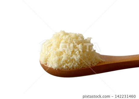 Parmesan cheese served on a wooden spoon against a white background. Parmesan cheese served on a wooden spoon against a white background. 142231460
