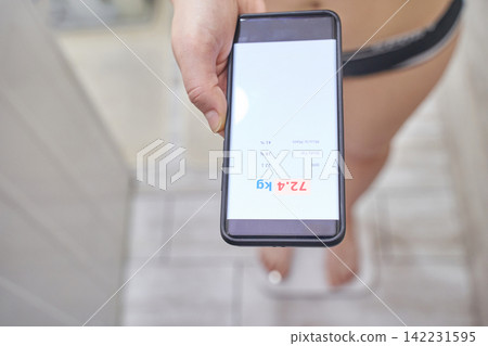 Closeup Of Smartphone Weight App Showing Scale Reading While Standing On Bathroom Scale For Health Closeup Of Smartphone Weight App Showing Scale Reading While Standing On Bathroom Scale For Health 142231595