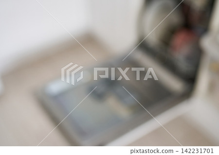 Dishwasher Detergent Compartment Visible In Open Appliance Door In Domestic Kitchen Setting Showing 142231701