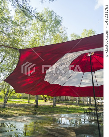 Large Red And White Patio Umbrella Open Above Wet Paved Area In Park With Reflected Puddles 142231762