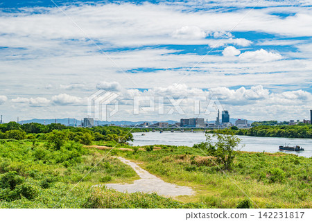 大阪府高槻市和枚方市淀川沿岸的夏日景色。 大阪府高槻市和枚方市淀川沿岸的夏日景色。 142231817