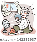 中暑系列（易中暑人群）：老年人試圖使用風扇或手持扇子來應對高溫。 142231937