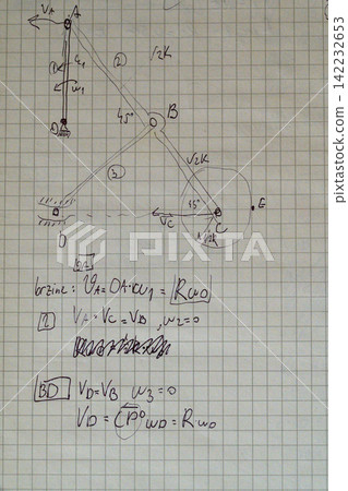 Hand drawn lever mechanism diagram with velocity equations Hand drawn lever mechanism diagram with velocity equations 142232653