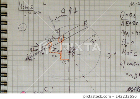 Mechanics notebook page with rolling disk diagram highlights Mechanics notebook page with rolling disk diagram highlights 142232656