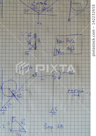 Handwritten statics problem force diagram notebook page Handwritten statics problem force diagram notebook page 142232658