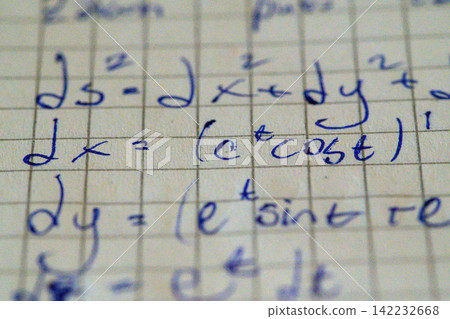 Macro shot handwritten arc length formula notebook Macro shot handwritten arc length formula notebook 142232668
