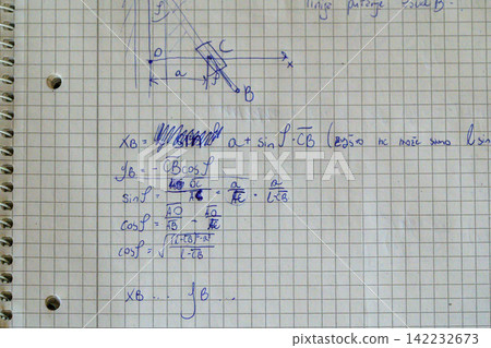 Handwritten mechanical linkage equations with diagram Handwritten mechanical linkage equations with diagram 142232673