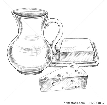 Gug, butter and cheese. Handmade farm pencil illustrations. For design of cards, cover, prints, product labels and fabric. Gug, butter and cheese. Handmade farm pencil illustrations. For design of cards, cover, prints, product labels and fabric. 142233037