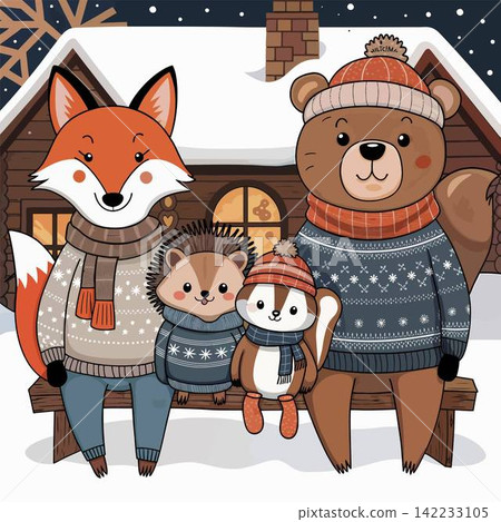This digital illustration depicts a cozy winter scene with four cute cartoon forest animals This digital illustration depicts a cozy winter scene with four cute cartoon forest animals 142233105