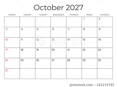 October 2027 calendar template. Week Starts on SUNDAY. Printable monthly schedule in a minimalist style on transparent background. Simple and clean design. Vector 142233785