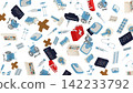 Several objects related to medicine and healthcare, such as a wheelchair, pills, a syringe, and so on, are randomly arranged on a white background, 3d render 142233792