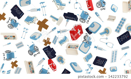 Several objects related to medicine and healthcare, such as a wheelchair, pills, a syringe, and so on, are randomly arranged on a white background, 3d render Several objects related to medicine and healthcare, such as a wheelchair, pills, a syringe, and so on, are randomly arranged on a white background, 3d render 142233792