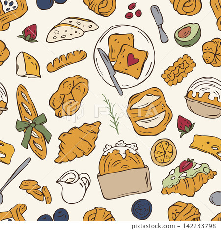 Hand drawn bakery and breakfast seamless pattern vector doodle illustration Hand drawn bakery and breakfast seamless pattern vector doodle illustration 142233798