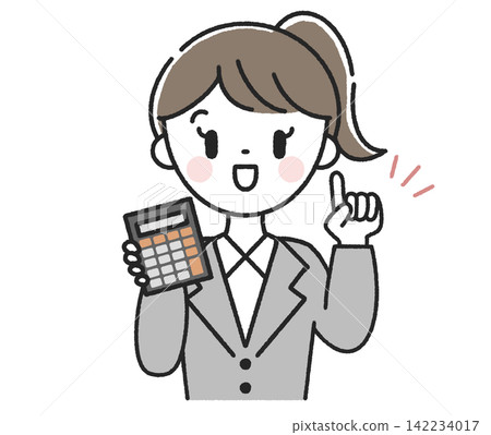 Female employee pointing while holding a calculator Female employee pointing while holding a calculator 142234017