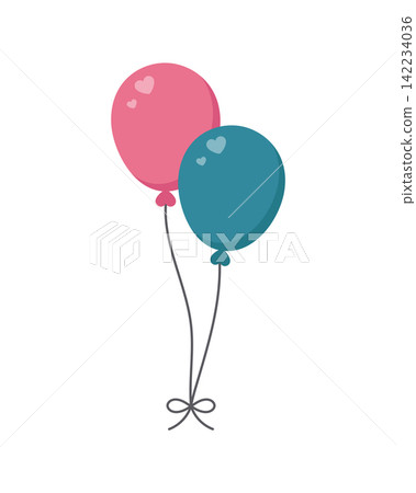 Two colorful birthday balloons with heart highlights and tied strings. Pink and blue festive balloon pair isolated on white. Vector design for party, greeting card, invitation, poster and print. Two colorful birthday balloons with heart highlights and tied strings. Pink and blue festive balloon pair isolated on white. Vector design for party, greeting card, invitation, poster and print. 142234036