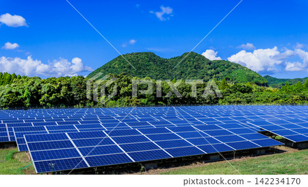A vast solar power plant (mega solar) with a clear blue sky and midsummer clouds. A vast solar power plant (mega solar) with a clear blue sky and midsummer clouds. 142234170