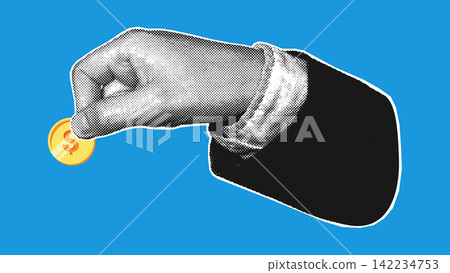 Hand in suit sleeve holding a dollar coin between fingers on a blue background, vector illustration, finance concept, business style, halftone pop art. Hand in suit sleeve holding a dollar coin between fingers on a blue background, vector illustration, finance concept, business style, halftone pop art. 142234753