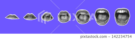 Set of mouth and lips illustrations from closed to wide open on a purple background, vector illustration, halftone pop art style Set of mouth and lips illustrations from closed to wide open on a purple background, vector illustration, halftone pop art style 142234754