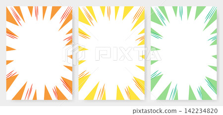 Set of 3 manga-style speed line frames with colorful radial patterns. Set of 3 manga-style speed line frames with colorful radial patterns. 142234820