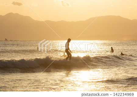 在湘南久根沼海灘,夕陽西下,波光粼粼的大海上衝浪。 在湘南久根沼海灘,夕陽西下,波光粼粼的大海上衝浪。 142234969