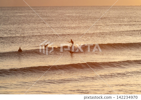傍晚在湘南鷂沼海灘衝浪。 142234970