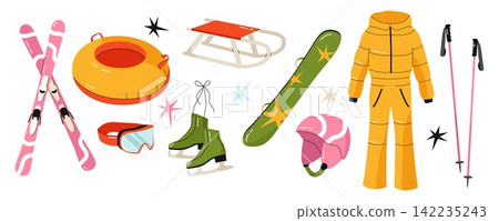 Winter sports equipment set with skis, snowboard, sled, ice skates, ski suit, helmet and goggles 142235243
