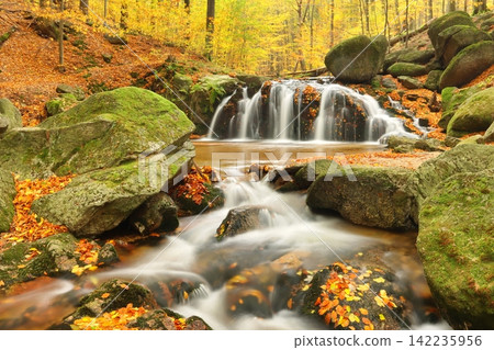Beautiful waterfall on Maly Stolpich stream in Czech republic Beautiful waterfall on Maly Stolpich stream in Czech republic 142235956