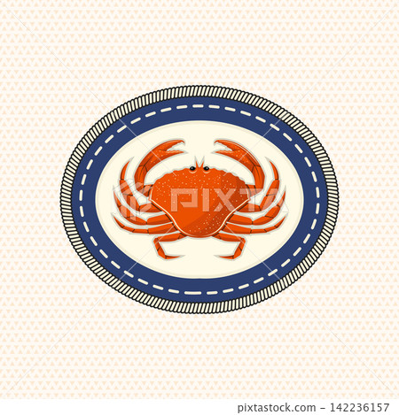 Vintage marine scout badge featuring a detailed sea crab vector illustration in embroidered patch style. Nautical wildlife emblem for scouting, fishing, outdoor adventure, apparel, stickers. Vintage marine scout badge featuring a detailed sea crab vector illustration in embroidered patch style. Nautical wildlife emblem for scouting, fishing, outdoor adventure, apparel, stickers. 142236157