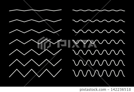 White vector wavy and zigzag horizontal underline. Waves white line set on black background. Set of wavy lines. Wave ornament pattern. Wave white thin line background. White vector wavy and zigzag horizontal underline. Waves white line set on black background. Set of wavy lines. Wave ornament pattern. Wave white thin line background. 142236518