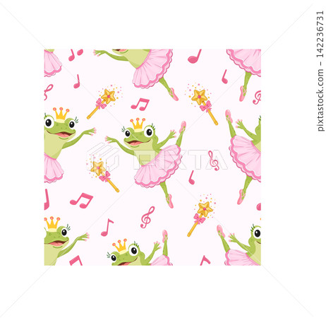 Cute seamless pattern featuring a ballerina frog. Background with a princess frog wearing a pink tutu, a golden crown, a magic wand, and musical notes. Cute seamless pattern featuring a ballerina frog. Background with a princess frog wearing a pink tutu, a golden crown, a magic wand, and musical notes. 142236731