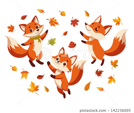 Cute Foxes Playing with Autumn Leaves. Fall Illustration. Cute Foxes Playing with Autumn Leaves. Fall Illustration. 142236895