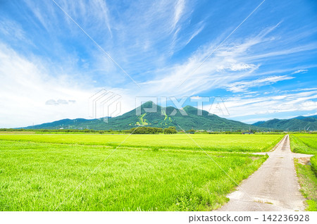 Inawashiro Town, Yama District, Fukushima Prefecture: Summer scenery of Mt. Bandai and rural landscape Inawashiro Town, Yama District, Fukushima Prefecture: Summer scenery of Mt. Bandai and rural landscape 142236928
