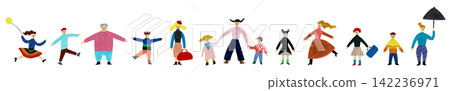 Colorful, hand-drawn illustrations of people of multiple generations. Colorful, hand-drawn illustrations of people of multiple generations. 142236971