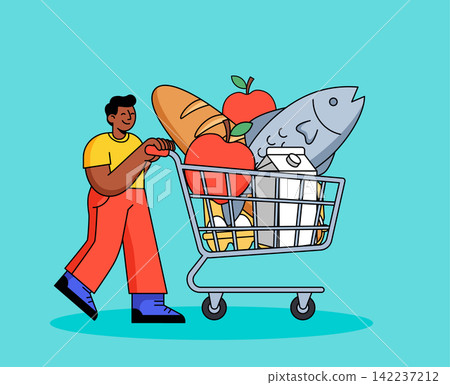 Man Pushing Shopping Cart Full of Groceries Man Pushing Shopping Cart Full of Groceries 142237212