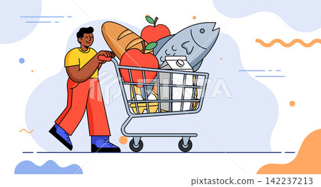 Man Pushing Shopping Cart Full of Groceries Man Pushing Shopping Cart Full of Groceries 142237213